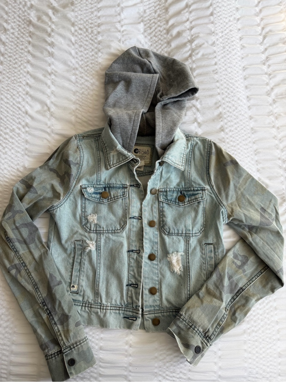 Billabong Light Green Denim Jacket with Gray Hood